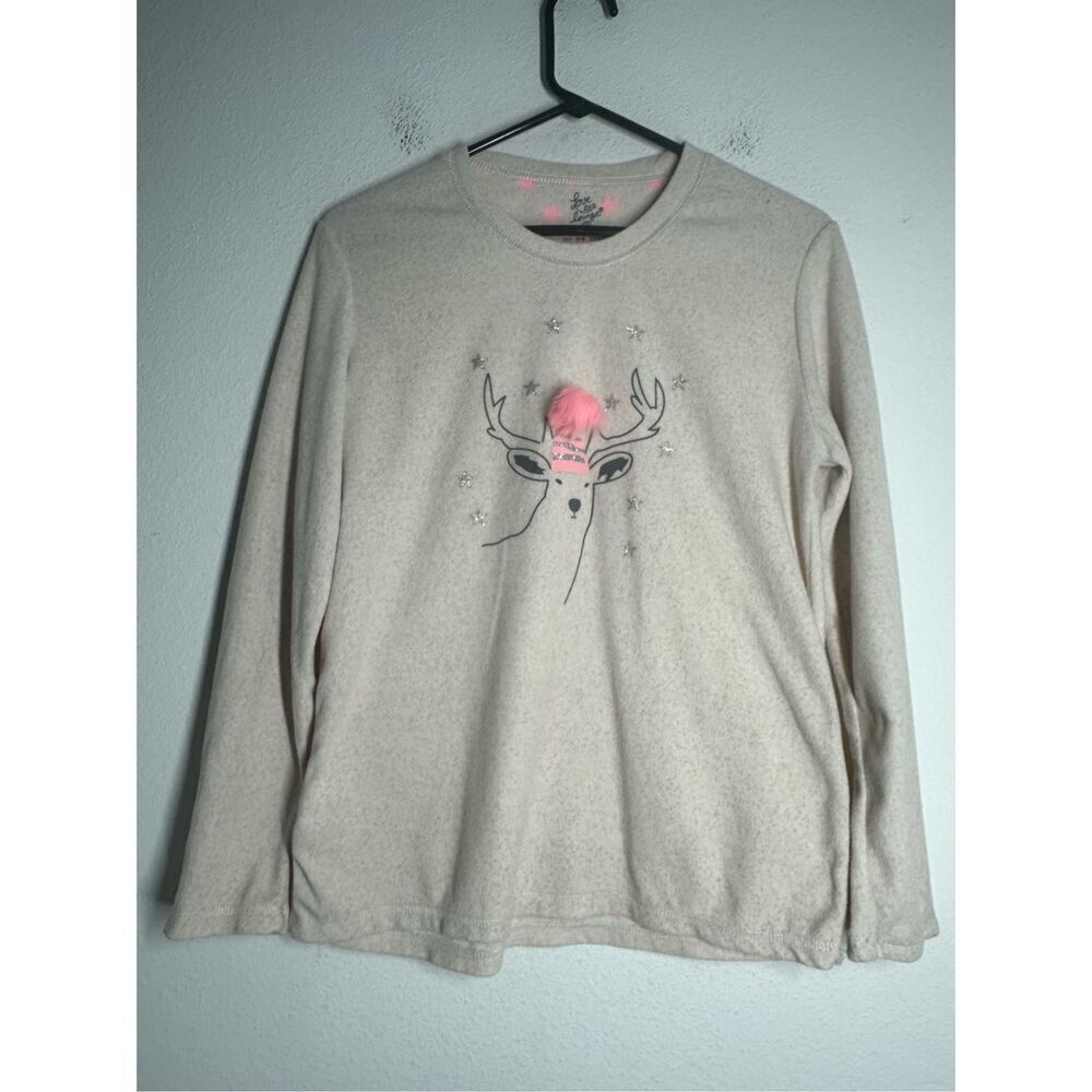 Love To Lounge Women’s Fleece Deer Faux Fur Pompon Trim Pajama Top Size S